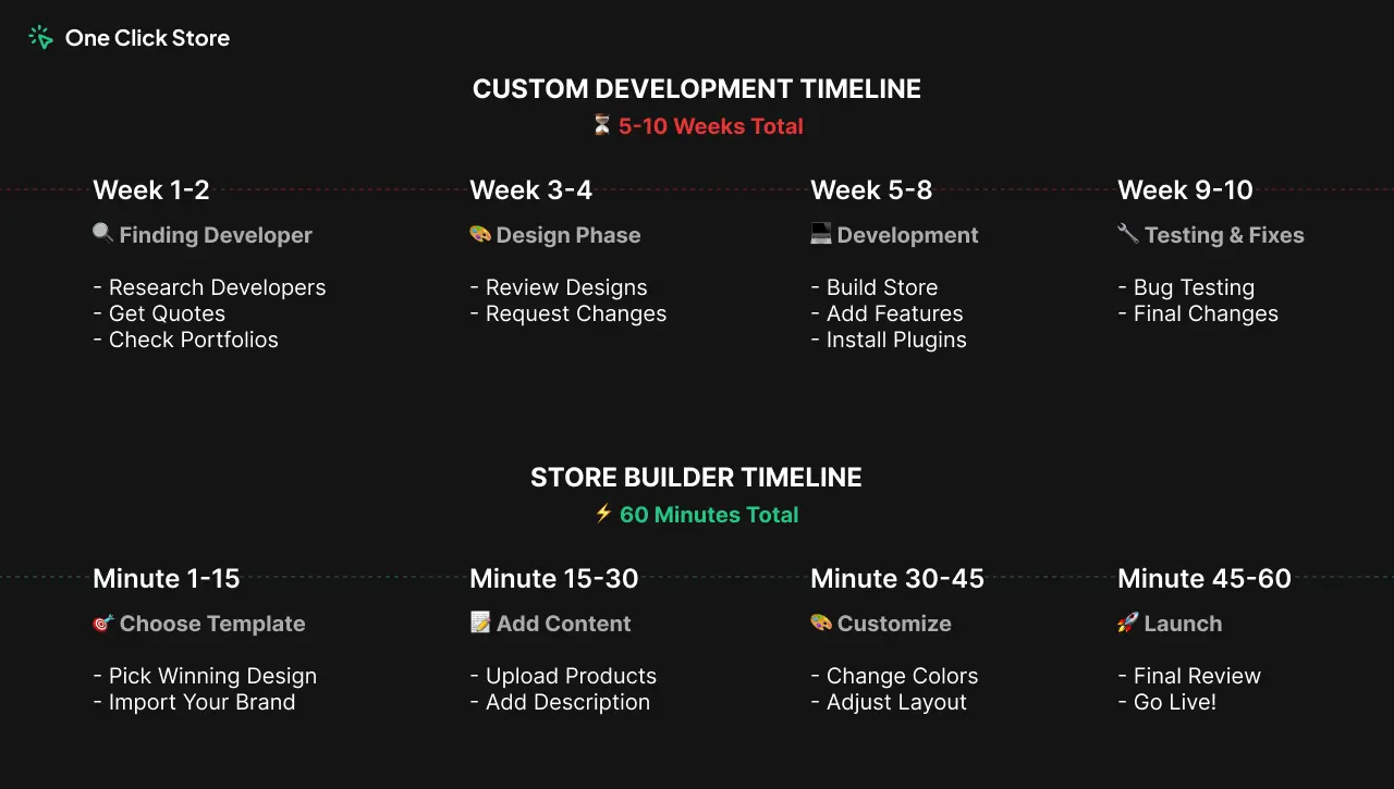 Timeline comparison between traditional development and store builder launch